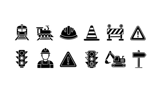 Minimal railway construction and traffic safety icons row black silhouette vector for transport and warning design