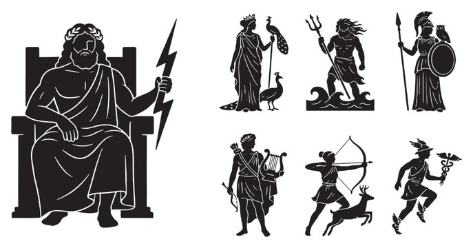 Collection of ancient Greek mythological gods and goddesses depicted in silhouette style.