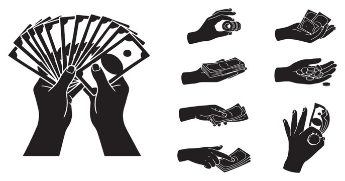 Collection of Silhouette Icons Depicting Hands Holding and Counting Money.