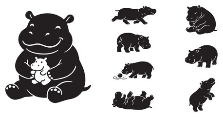 Fototapeta premium Set of cute cartoon hippopotamus illustrations in various poses, black silhouette on white background.