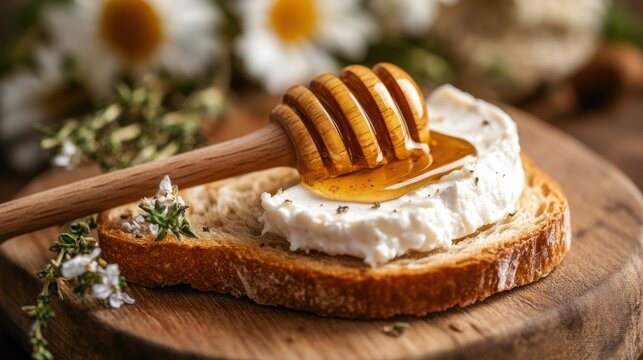 Goat cheese toast with honey drizzle on baguette slice