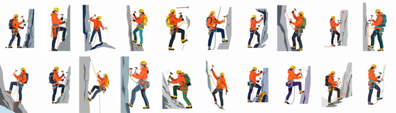 Set of eighteen vector illustrations of diverse mountain climbers wearing gear and scaling various rock walls, isolated on a white background.