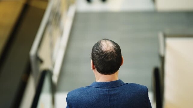 Rear view of a balding man in a blue blazer on a modern indoor staircase with metal railings, seen from above in first and last frames, conveying movement through a bright contemporary workplace