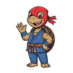 Fototapeta premium Martial Arts Turtle Character Waving Hello in Blue Gi