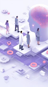 Diverse Professionals Observe Digital Brain Inside Abstract Futuristic Innovation Landscape