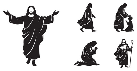 Fototapeta premium Collection of Jesus Christ silhouettes in various poses, representing faith and spirituality.