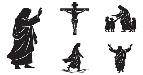 Fototapeta premium Collection of Jesus Christ silhouette icons, representing different aspects of his life and teachings.