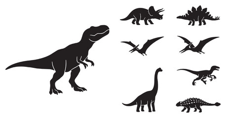 Collection of Silhouette Illustrations of Various Dinosaur Species, Including Tyrannosaurus Rex and Triceratops. © Riki