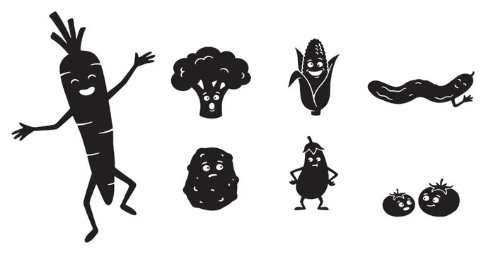 Collection of happy and funny cartoon vegetables with faces, isolated on white background.