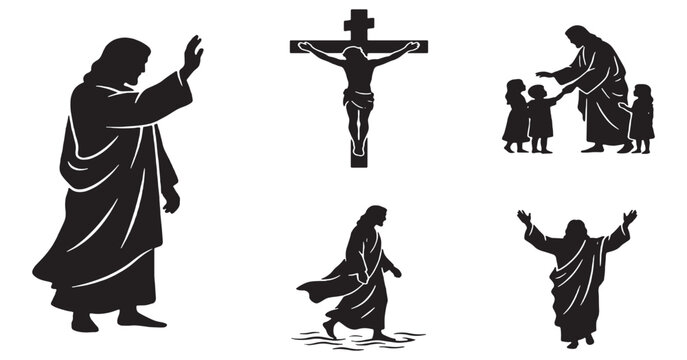 Collection of Jesus Christ silhouette icons, representing different aspects of his life and teachings.