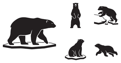 Collection of polar bear silhouettes in various poses on ice floes, illustrating arctic wildlife and their environment. © Riki