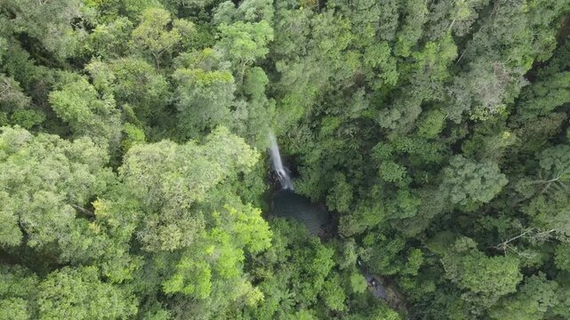 A wide aerial top-down view captures the small but powerful Ciporolak Waterfall nestled deep within the vast, lush green rainforest canopy of Banten, Indonesia