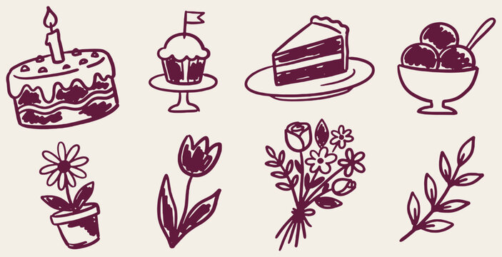 Collection of hand-drawn illustrations featuring desserts, flowers, and botanical elements.