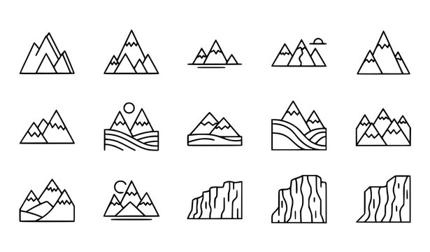 A set of minimalist mountain range icons in a flat line art style