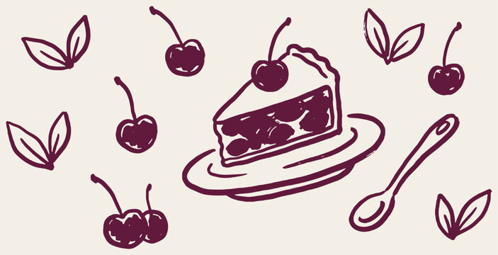 A delicious slice of cherry pie with fresh cherries and leaves, presented on a plate with a spoon.