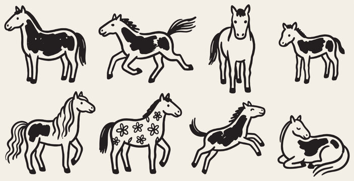 Collection of eight hand-drawn horse illustrations in various poses and styles.