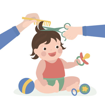 Scissors and comb in hands for little girl haircut. Parent trimming the hairs of his happy little baby. Family ceremonial ritual of the first cut of forelocks