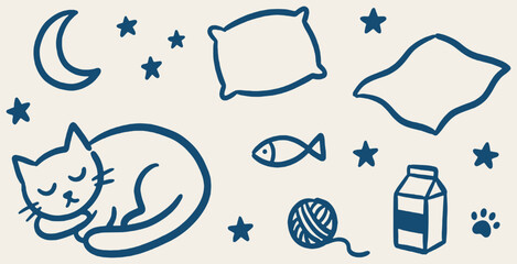 Cute hand-drawn illustration of a sleeping cat with elements related to sleep and comfort, including a moon, stars, pillow, blanket, milk, and yarn. © Riki