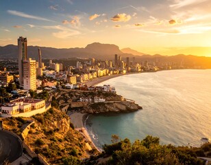 Fototapeta premium Panoramic coastal city view at dusk, sun illuminating buildings, beach, and ocean. Mountain backdrop under a golden sky
