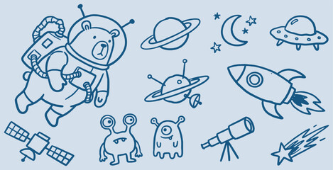 Cute cartoon space doodles featuring a bear astronaut, aliens, planets, rocket, and UFO. © Riki