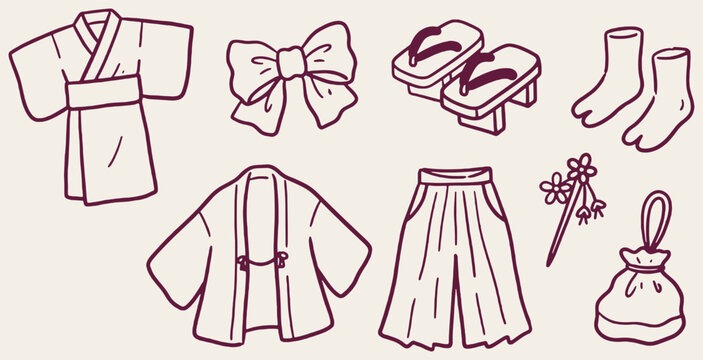 Collection of Japanese Traditional Clothing and Accessories, Hand-Drawn Style.