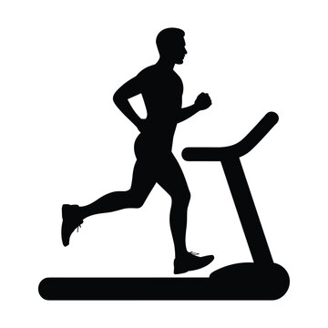 Man running on treadmill silhouette, concept for fitness and cardio exercise, weight loss, healthy lifestyle, black and white