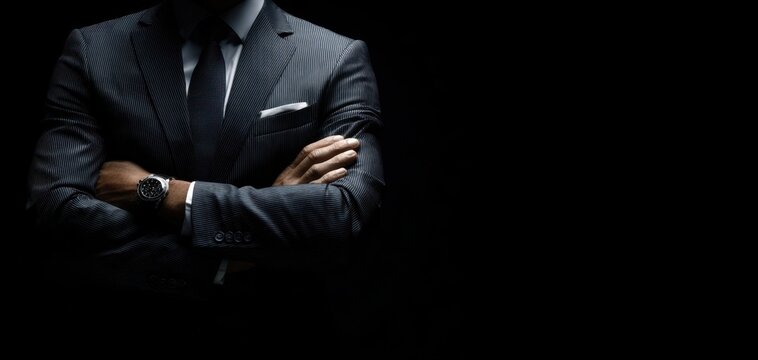 The suited businessman with folded arms in dramatic low key studio lighting