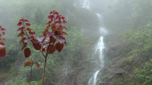 A breathtaking wide shot of Curug Tilu Cipelah waterfall cascading down a lush green cliff, partially shrouded in thick mountain mist