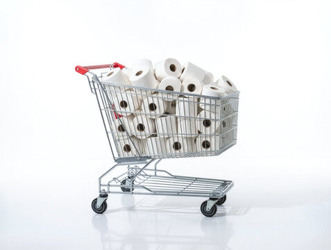 Shopping cart filled with many toilet paper rolls on white background