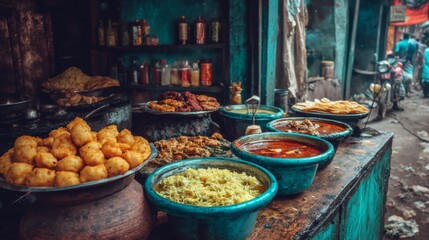 Fototapeta premium Vibrant Street Food Stall with Flavorful Dishes Captured in a Bustling Market Scene, Showcasing Curry, Rice, Snacks, and Sauces in Colorful Bowls