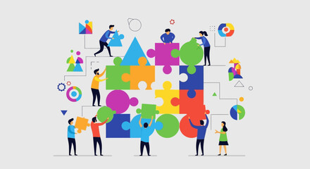 Fototapeta premium Teamwork building puzzle, collaboration, strategy, connection, ideas, success, people working together