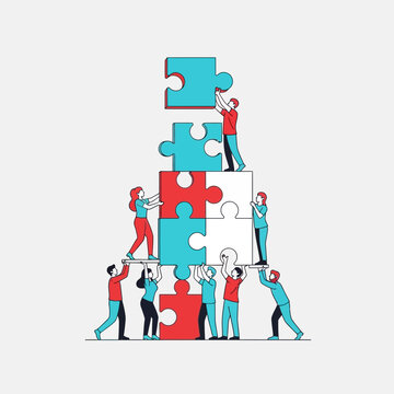 Teamwork building puzzle tower, collaboration, strategy, success, connection, people working together