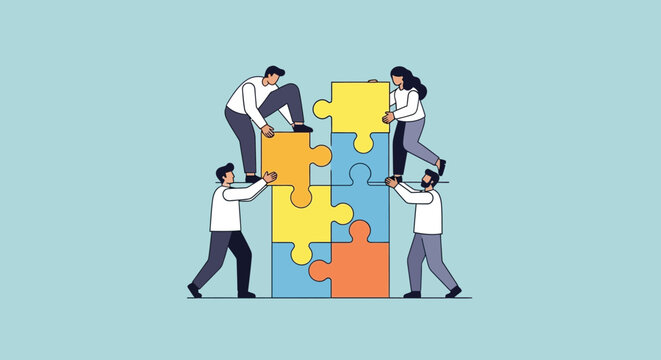 Teamwork building puzzle, business collaboration, strategy, success, partnership, connection, ideas