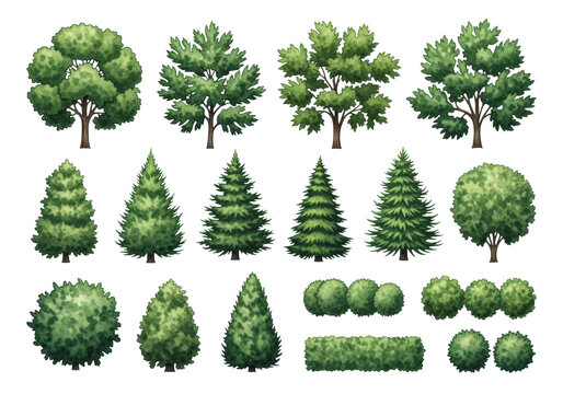 highly detailed 2d plan view symbols of deciduous and coniferous trees and shrubs, digitally painted with textured emerald watercolor washes against a transparent background. architectural design