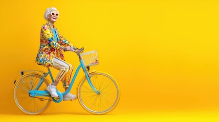 Fototapeta premium An elderly woman wearing colorful clothes rides a blue bicycle against a yellow background. This image is suitable for themes of active senior lifestyle and vibrant fashion.