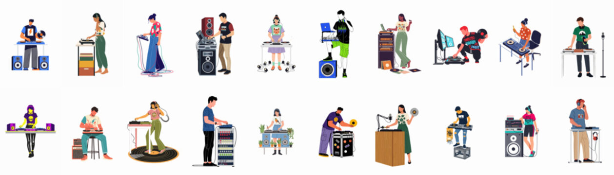 Large collection of diverse male and female DJs performing with professional audio equipment, turntables, and speakers, isolated flat vector illustrations.