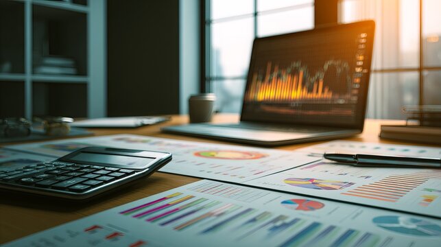 Financial planning desk with printed business reports, graphs, calculator and laptop dashboard, warm office lighting, modern professional workspace