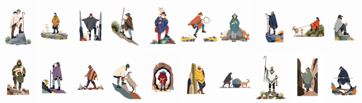 Flat illustration collection of Andean shepherds and mountain people wearing traditional ponchos and hats, performing various outdoor activities with goats and walking sticks.