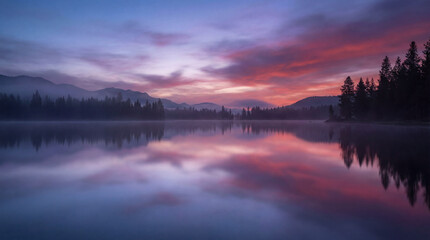 Fototapeta premium A tranquil lake reflects the vibrant colors of a sunrise or sunset sky, with a misty forest and mountains in the background.