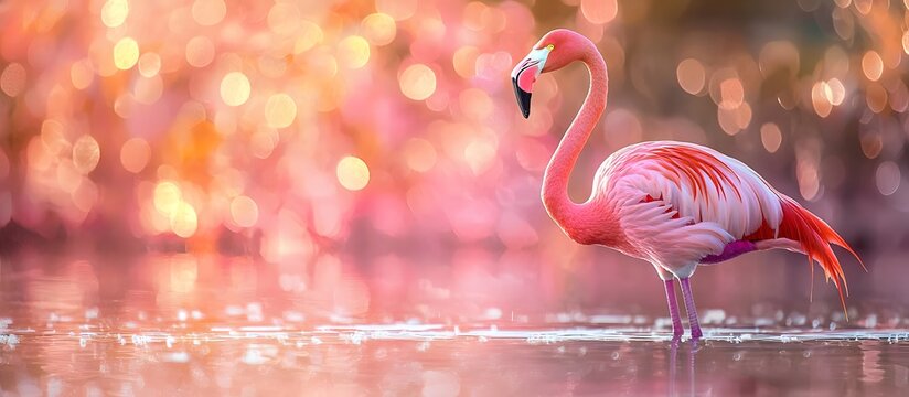 pink flamingo in the water with a blurred background