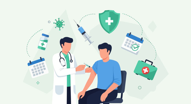 Doctor administering vaccine to patient, healthcare concept, vaccination, medical symbols
