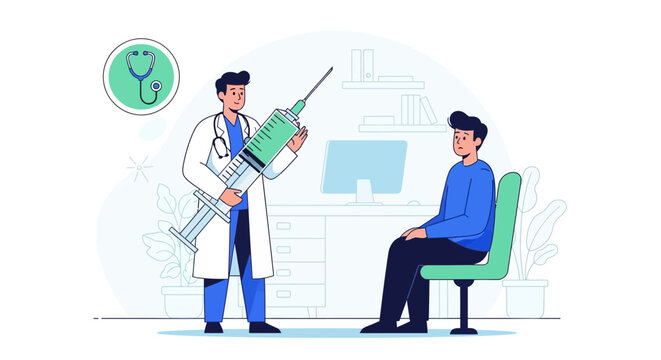 Doctor with large syringe prepares to vaccinate patient in clinic