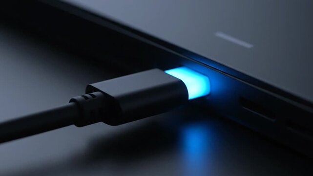 Close-up of a USB-C cable with blue light plugged into a device