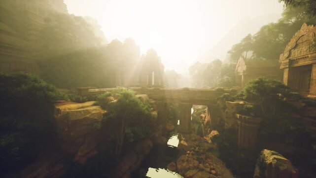 sunlit ancient stone bridge over canyon. soft rays pierce misty jungle valley, reflected river below, moss covered ruins and towering cliffs create cinematic