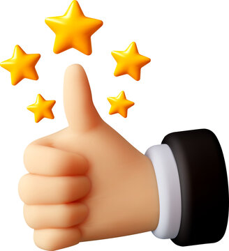 3d hand showing thumb up gesture with stars