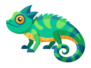 Fototapeta premium Colorful cartoon chameleon crawling on white background