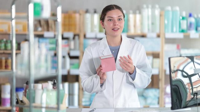 Smiling polite female pharmacist white coat standing at drugstore counter, holding box of pills and suggesting as suitable over-the-counter solution for common symptoms. High quality 4k footage