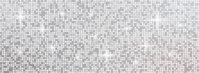 Square sequin mosaic background. Disco ball silver gray pattern. Glam seamless bg. © MandarinkaArt