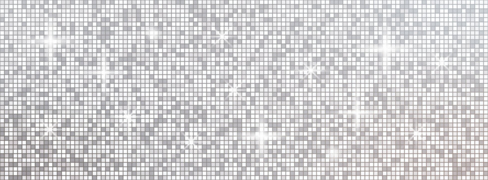 Square sequin mosaic background. Disco ball silver gray pattern. Glam seamless bg.