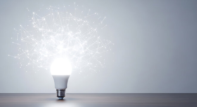 Glowing LED light bulb with digital network connection lines on wooden desk